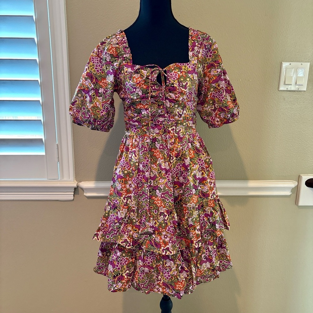 NEW Suncoo Paris Boho Chic Modern Parisian Ruffled Smocking Feminine Dress Sz S